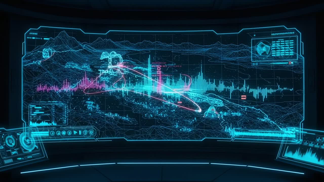 Dynamic Interface Showcasing Vibrant Data Visualizations and Geolocation Metrics with Enhanced Graphical Elements in a Futuristic Control Room Setting