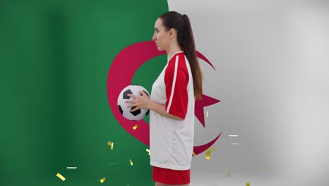 animación de una jugadora de fútbol caucásica sobre la bandera de argelia