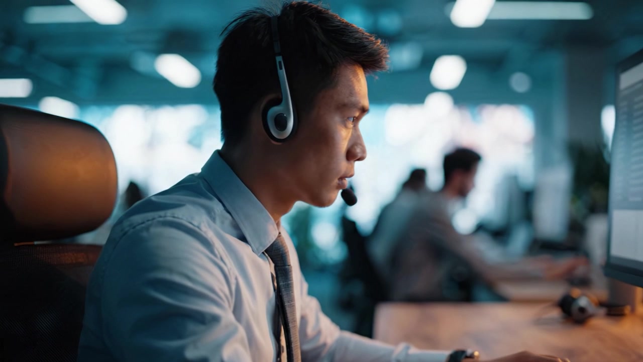 Focused Professional Using Headset at Modern Office Desk, Engaged in Serious Work on Computer with a Sleek Environment in the Background