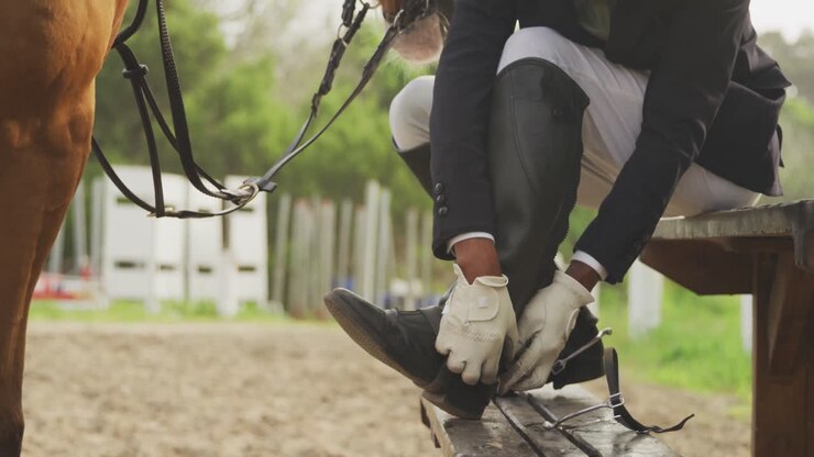 Uomo afroamericano che si prepara a cavalcare un cavallo da dressage