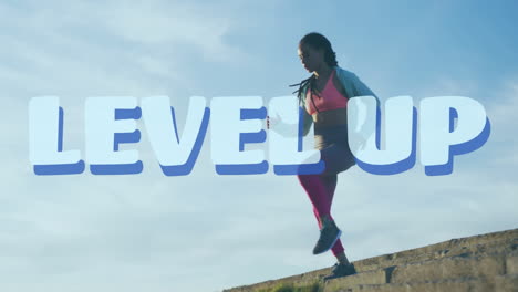 animation of level up text over woman running, exercising outdoors