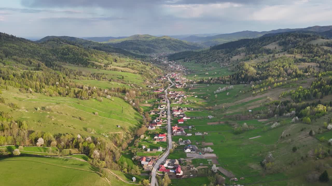 Drone view of Poiana Micului village at sunset