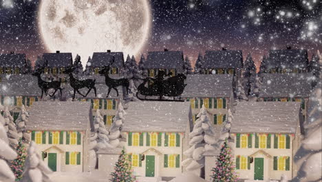 animation of santa claus in sleigh with reindeer over snow falling on winter town