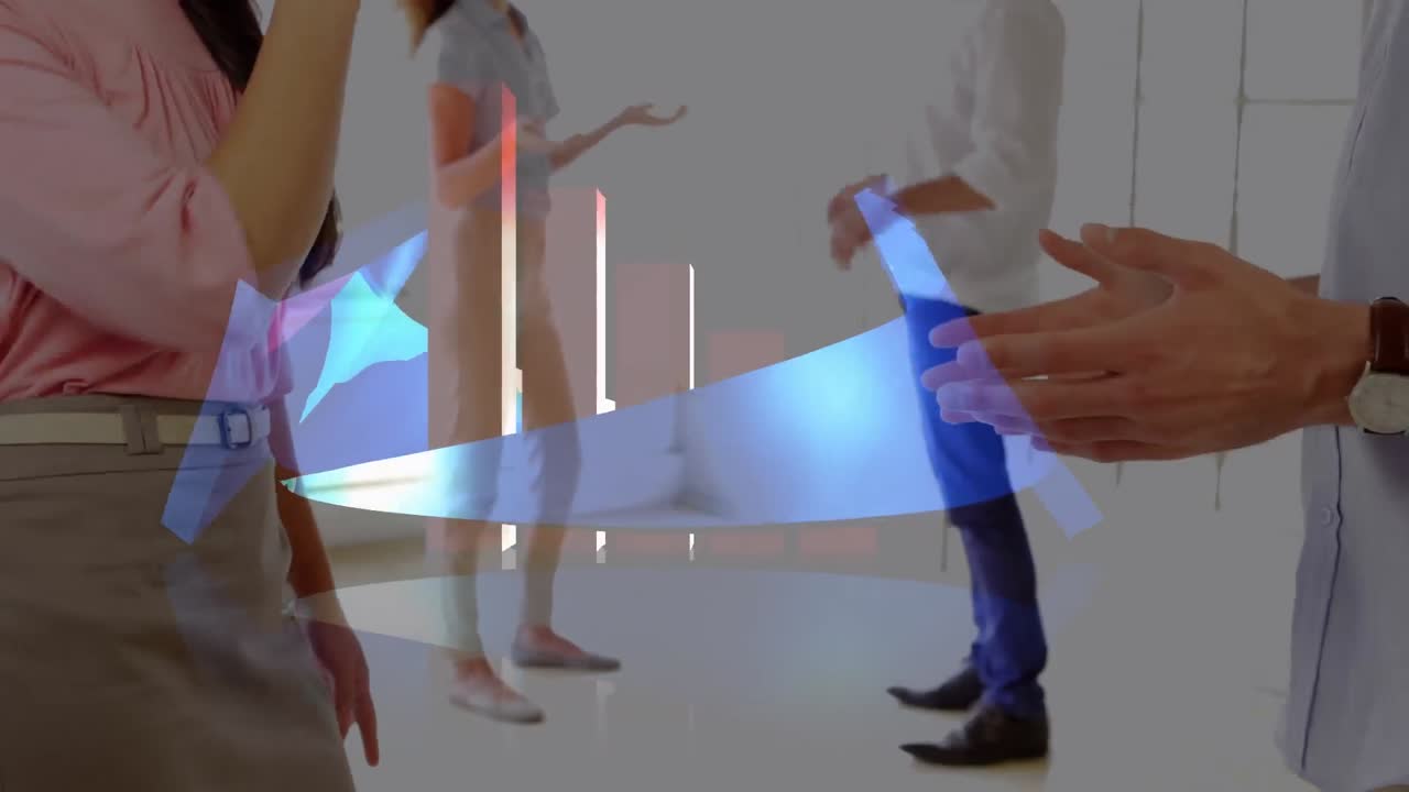 Statistical data processing against mid section of businessman and businesswoman shaking hands