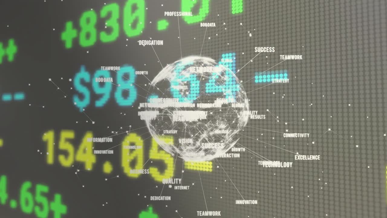 아이콘과 금융 데이터 처리와 연결 네트워크의 지구의 애니메이션