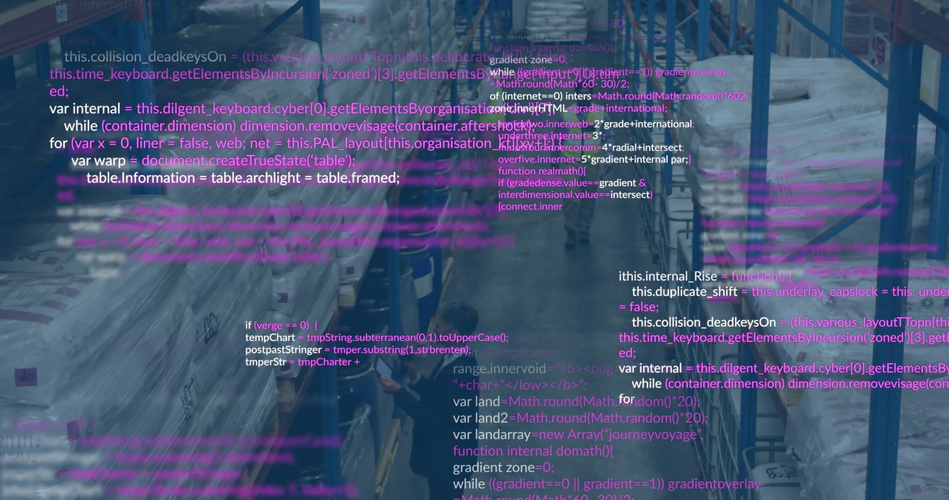 Three warehouse workers walking down aisle, showing floating code text highlighting logistics data