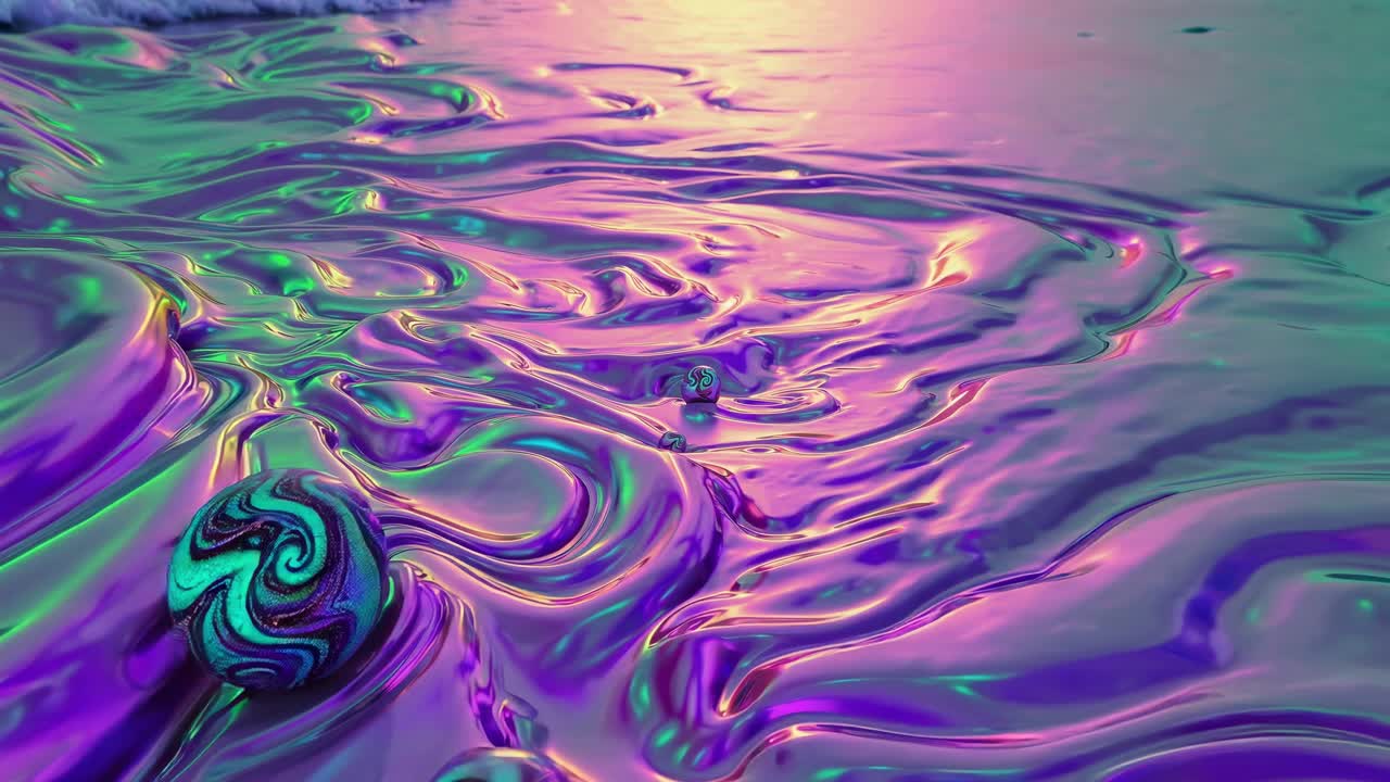 Metallic liquid flowing and swirling across pastel hued shoreline during sunset, generating surreal landscape with dreamlike iridescent movement and otherworldly visual dynamics
