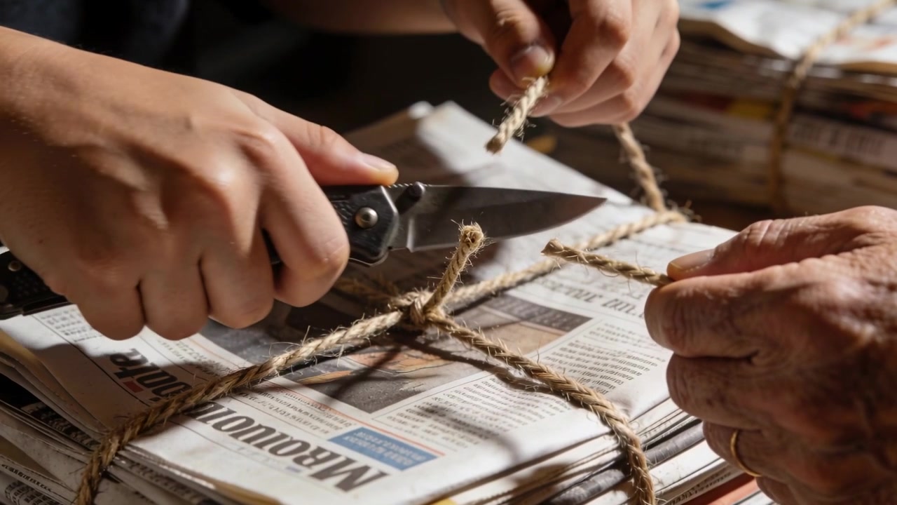 Due paia di mani che tagliano spago su un tavolo con un coltellino tascabile, un nodo che stimola la cernita della carta.