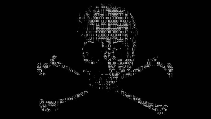 Alarmerende animeret cyberhacking kranie- og korsbenssymbol med animeret binærkode-tekstur i et hvidt farveskema på en sort baggrund