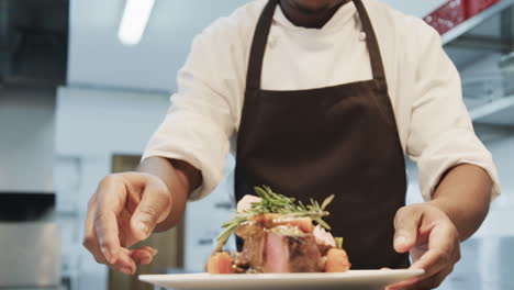 african american male chef decorating meal in kitchen, slow motion