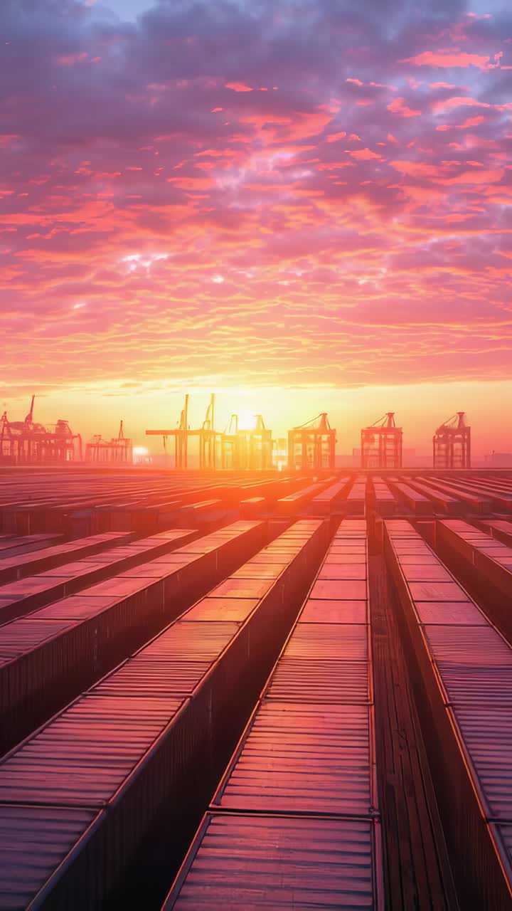 Vertical video: Sun rising, parallel containers reflecting pink clouds at port, with gantry cranes