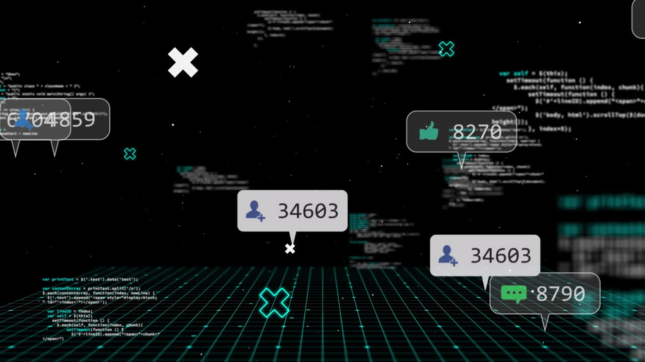 Animation of data processing and media icons on black background