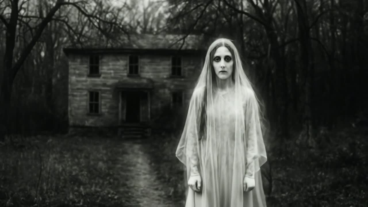 Eerie black-and-white video still of a ghostly figure in a forest, with a haunting, vintage style