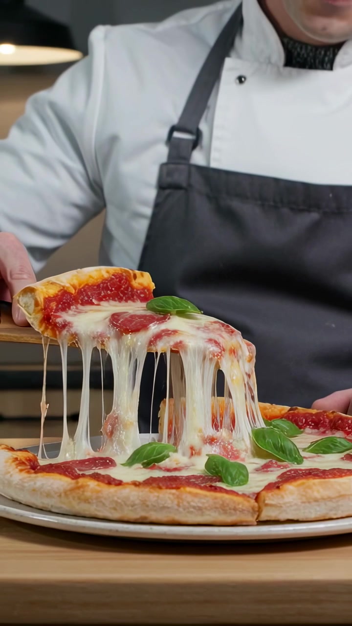 Video verticale: Vassoio scorrevole, chef con grembiule che solleva una fetta di pizza sul bancone, mostrando il formaggio filante.