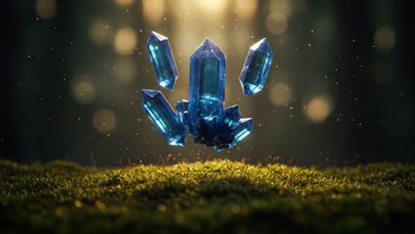 A Mesmerizing Display of Shimmering Blue Crystals Suspended Above a Lush Green Forest Floor, Illuminated by a Soft ethereal Light Creating a Magical Atmosphere