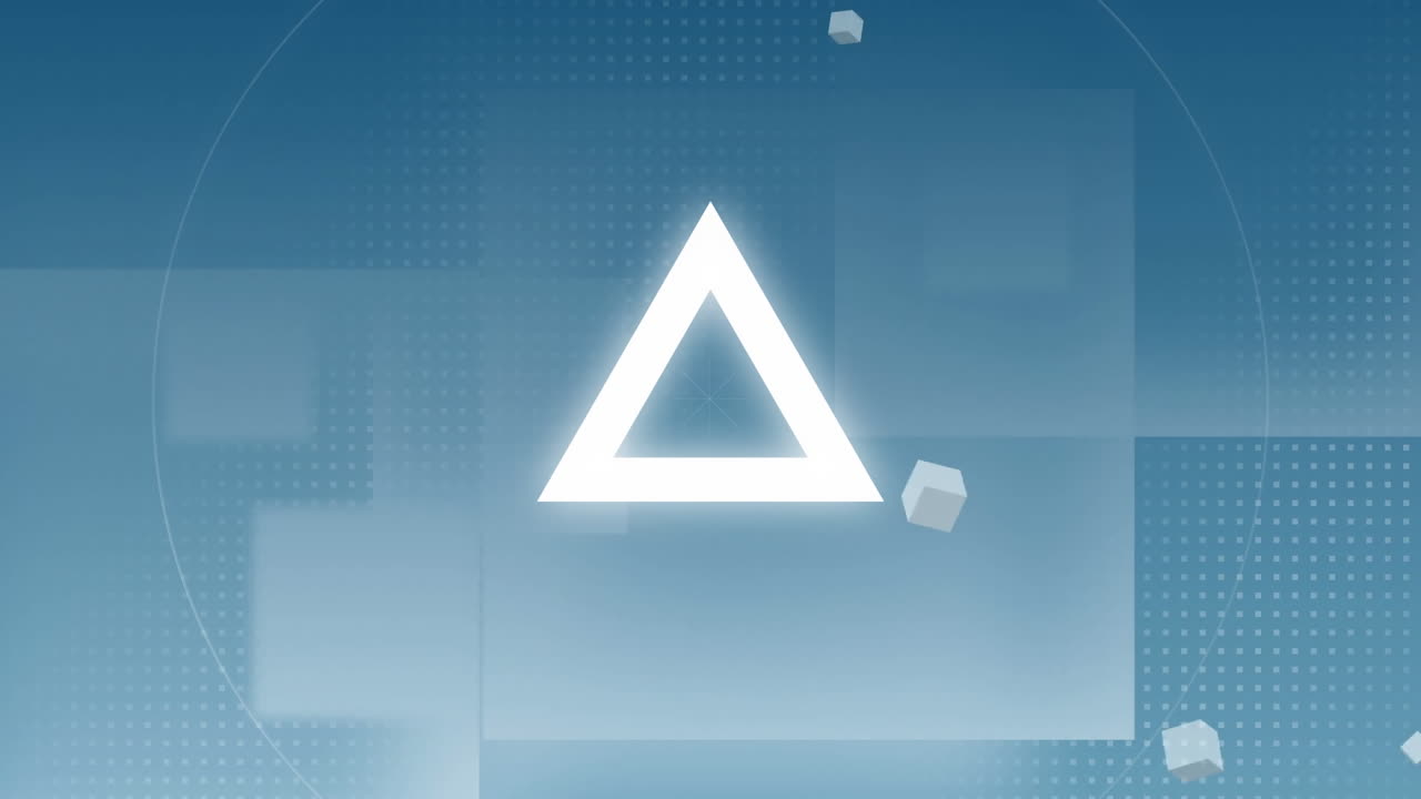 파란 점과 사각형에 떠다니는 회색 큐브와 함께 반 ⁇ 이는  ⁇  삼각형과 원의 애니메이션