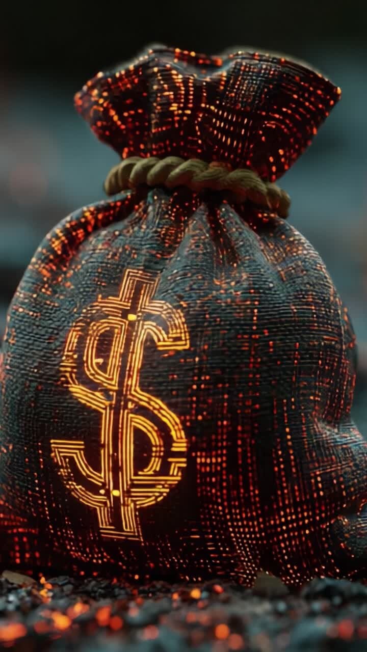 Una rappresentazione vivida di un sacco di denaro luminoso che simboleggia ricchezza e prosperità finanziaria, con texture intricate e un sorprendente simbolo del dollaro illuminato