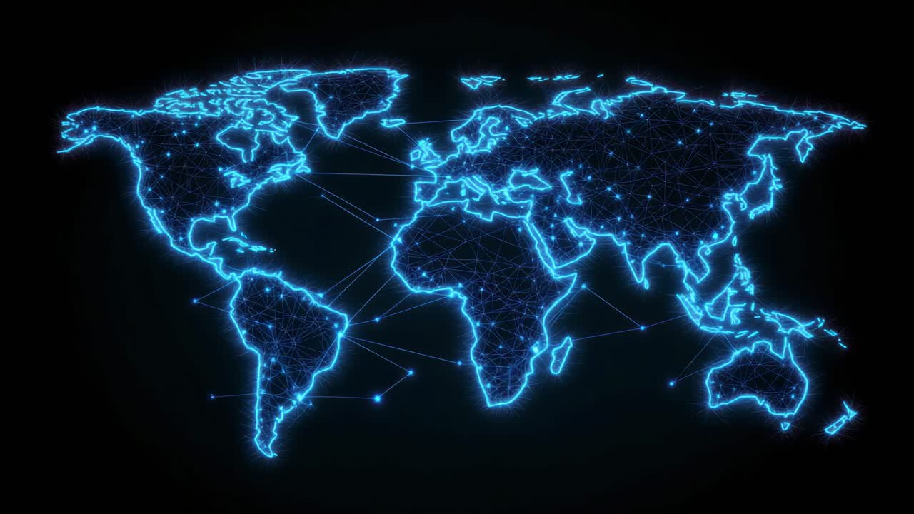 Futuristic world map with glowing blue lines and nodes, viewed from a top-down angle