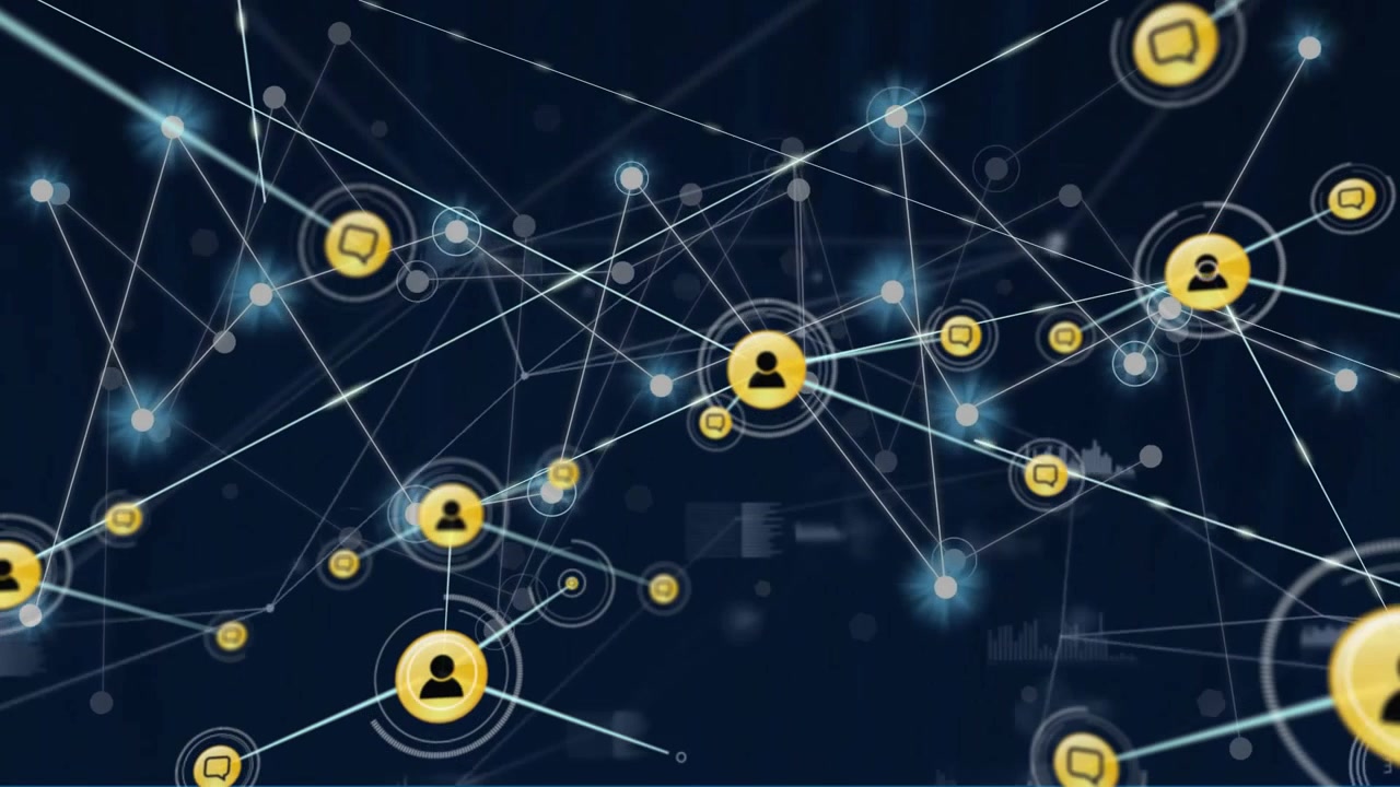 Animation of network of connections with icons over black background