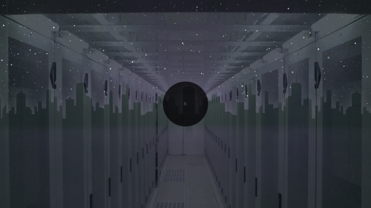 animación de iconos conectados, círculos brillantes que se mueven en líneas, paisaje urbano digital sobre la sala del servidor