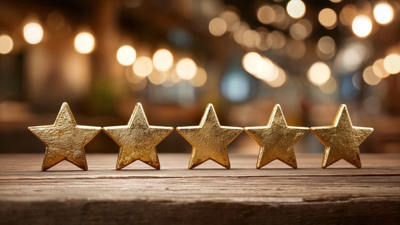 A Gleaming Row of Five Golden Stars Against a Softly Blurred Background, Symbolizing Achievement, Excellence, and Celebration in a Warm, Inviting Atmosphere