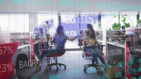 animation of data processing over diverse businesswomen in office