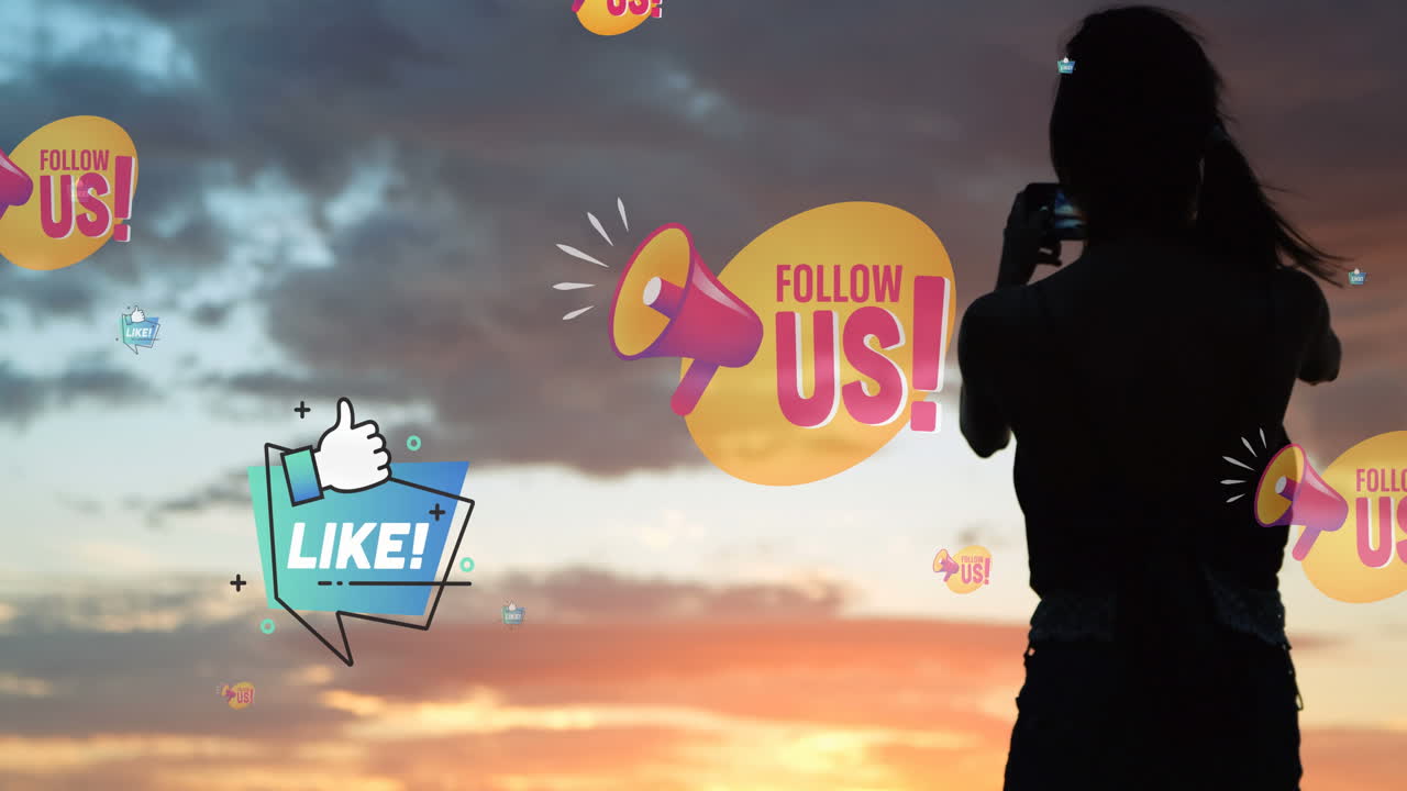 Animation of follow us over midsection of woman taking photo with smartphone at sunset