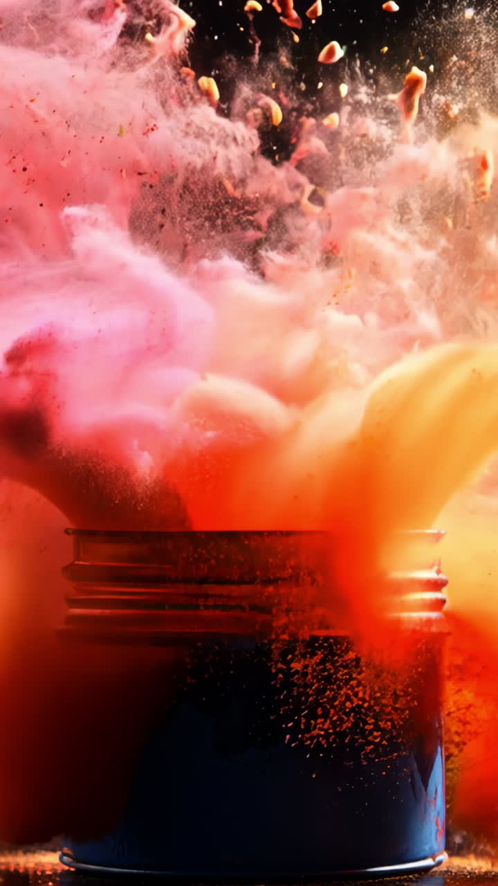A blue canister with red and orange powder spilling out of it. Concept of chaos and destruction