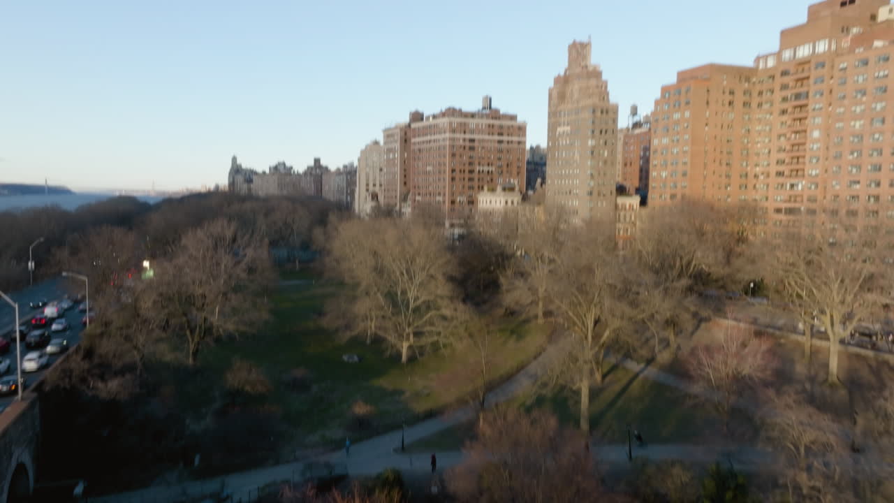 vista aérea de perros y personas en el parque junto al río, nueva york - inclinación, disparo de drones