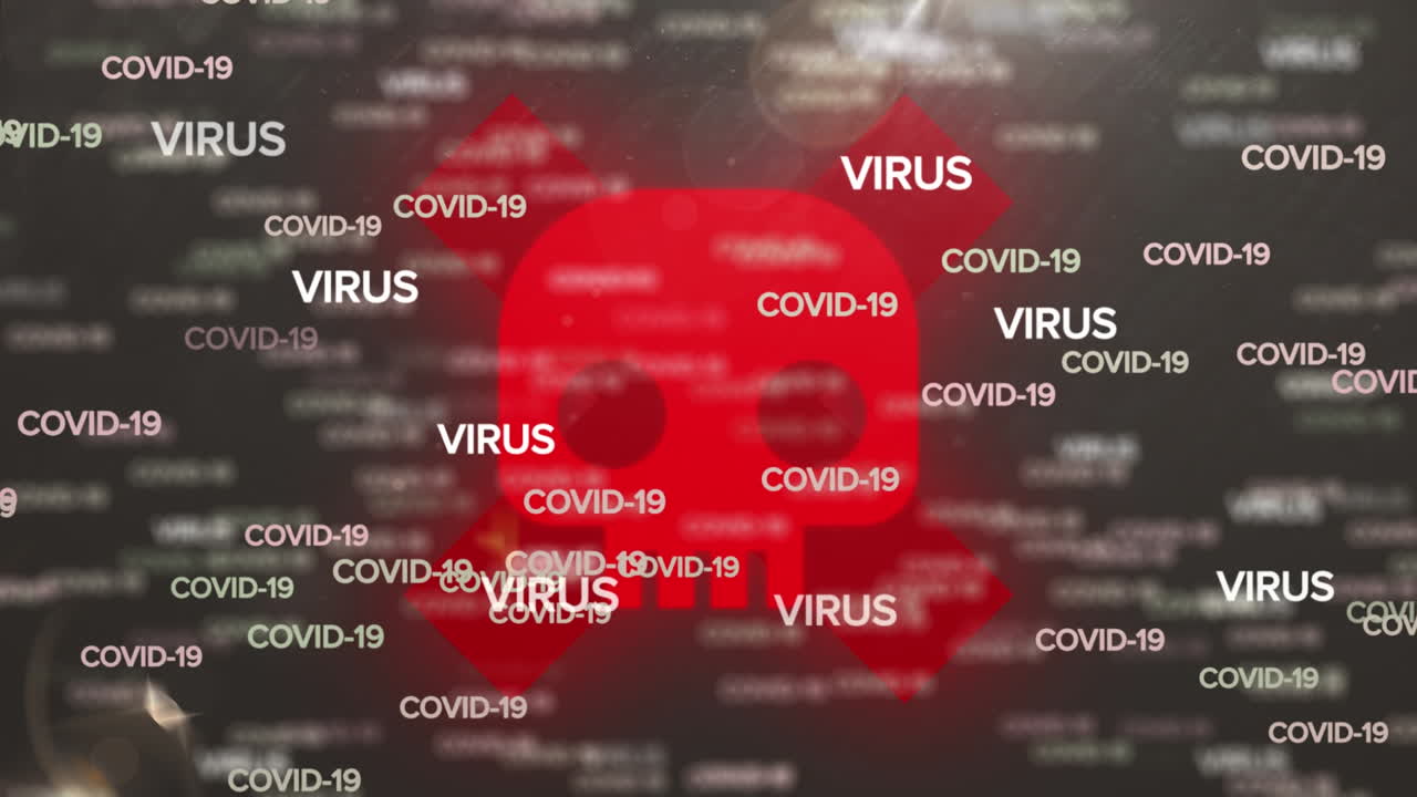 animación de una caída múltiple de texto de covid 19 sobre un signo de advertencia en fondo negro