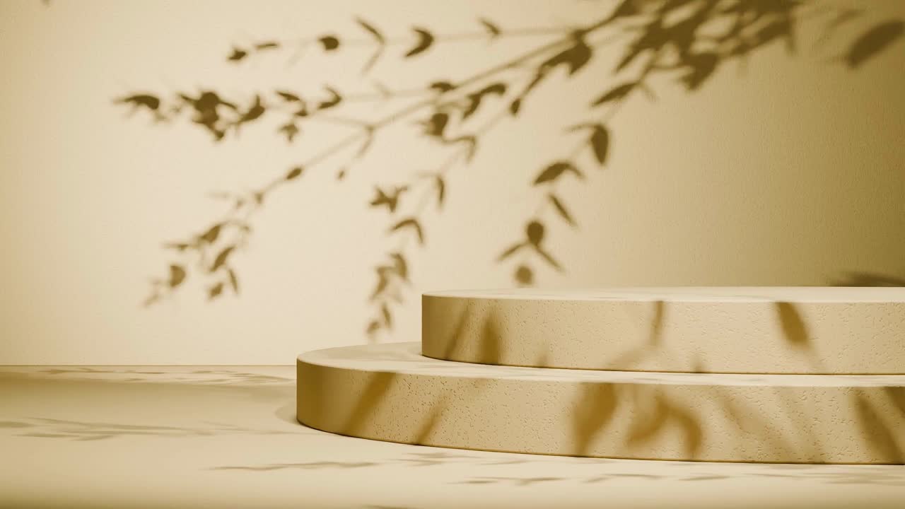 Minimal round concrete podium with shadow of leaves on yellow wall. Natural sunlight overlay in studio setting. Botanical and product display mockup. Design for banner, poster, greeting card.
