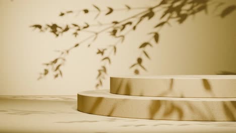 minimal round concrete podium with shadow of leaves on yellow wall. natural sunlight overlay in studio setting. botanical and product display mockup. design for banner, poster, greeting card.