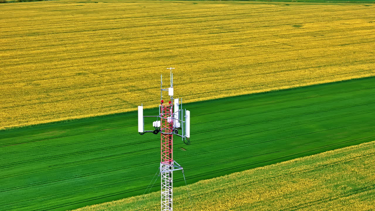 Cell Site Tower Over Canola Farmland Near Countryside Town. Aerial Drone Orbiting Shot