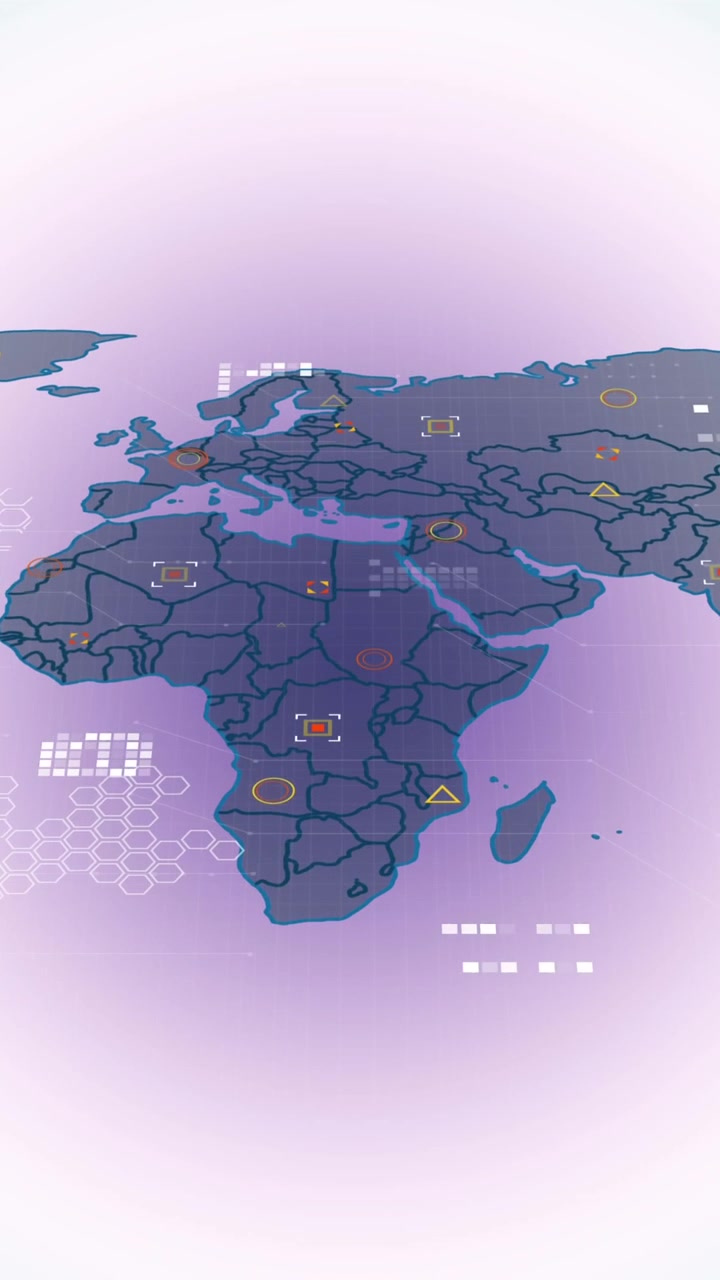 Animation of data processing over world map against purple gradient background