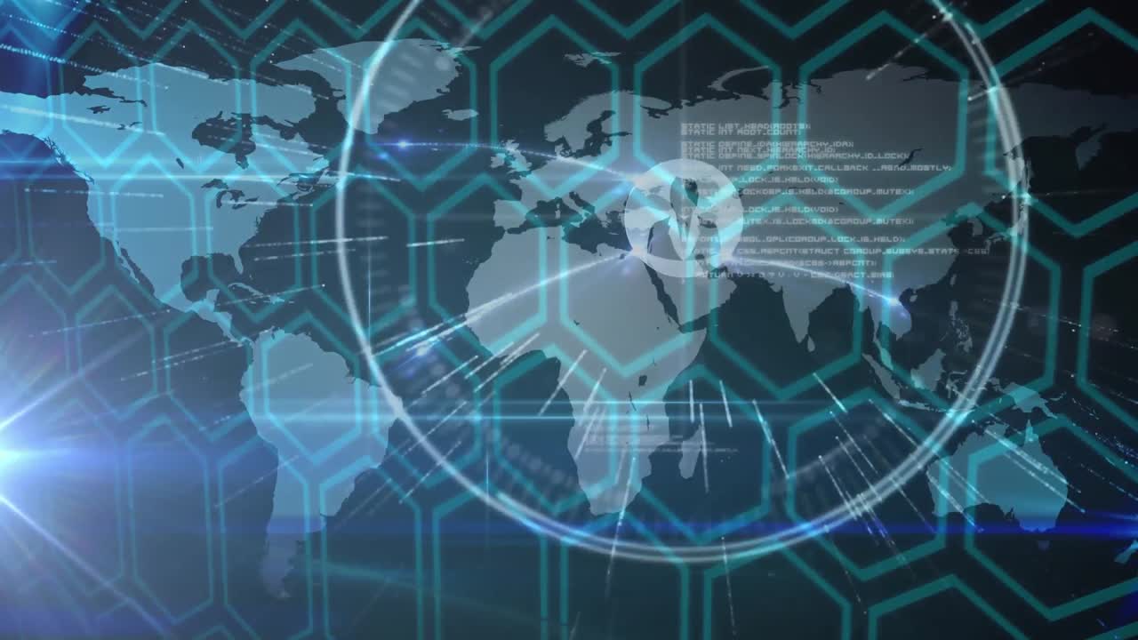 세계 지도 위의 사람 아이콘의 네트워크를 통해 범위 스캐닝과 데이터 처리의 애니메이션