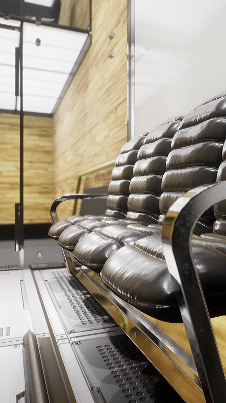 Elevator interior with modern seating and warm wooden walls