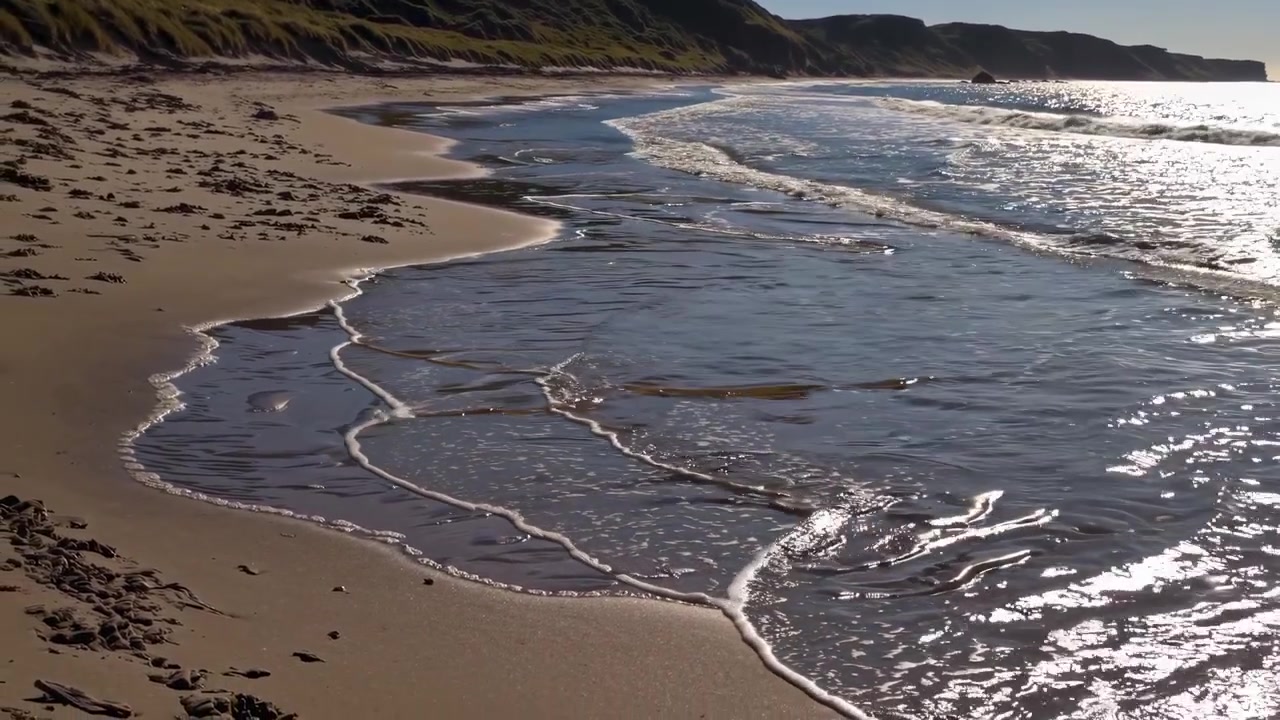 Dolci onde dell'oceano che lambiscono una spiaggia sabbiosa al tramonto