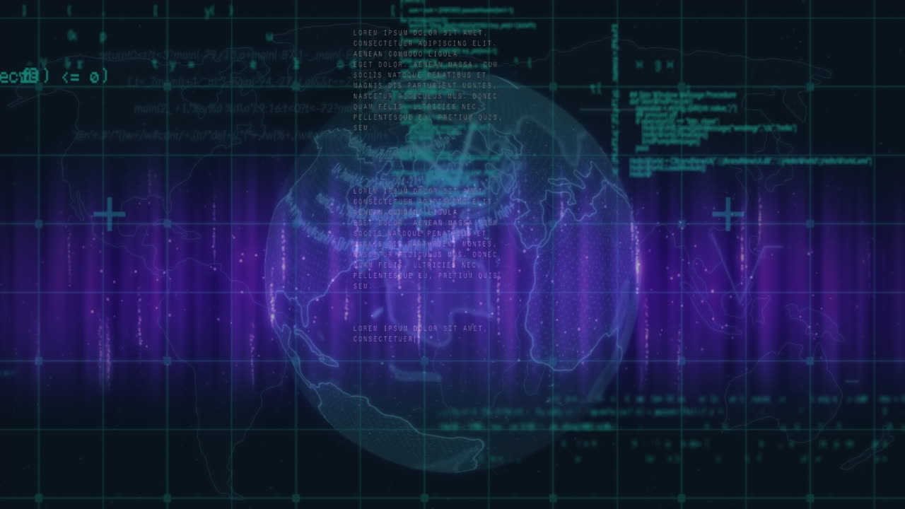 animación del lenguaje informático sobre textos en un globo giratorio contra un fondo abstracto