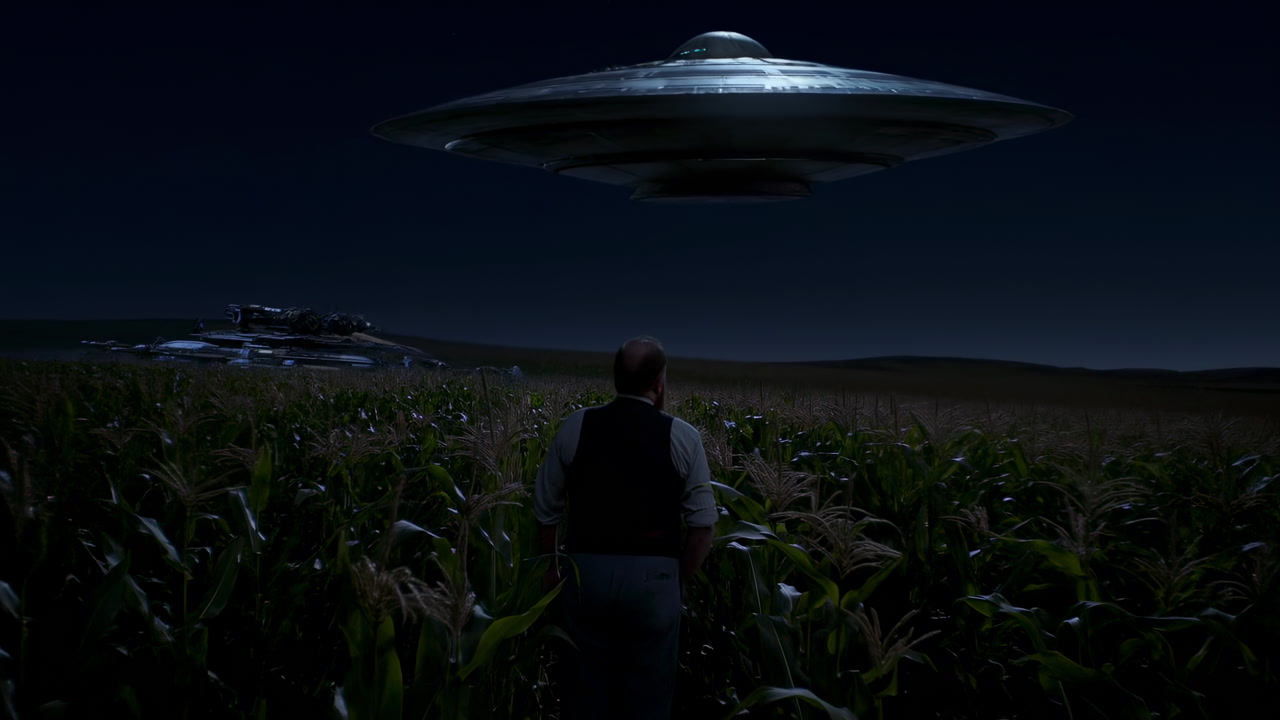 Farmer In Cornfield Under Hovering UFO, Moonlit Night With Silvery Saucer Low Over Rows Of Tall Corn, Lone