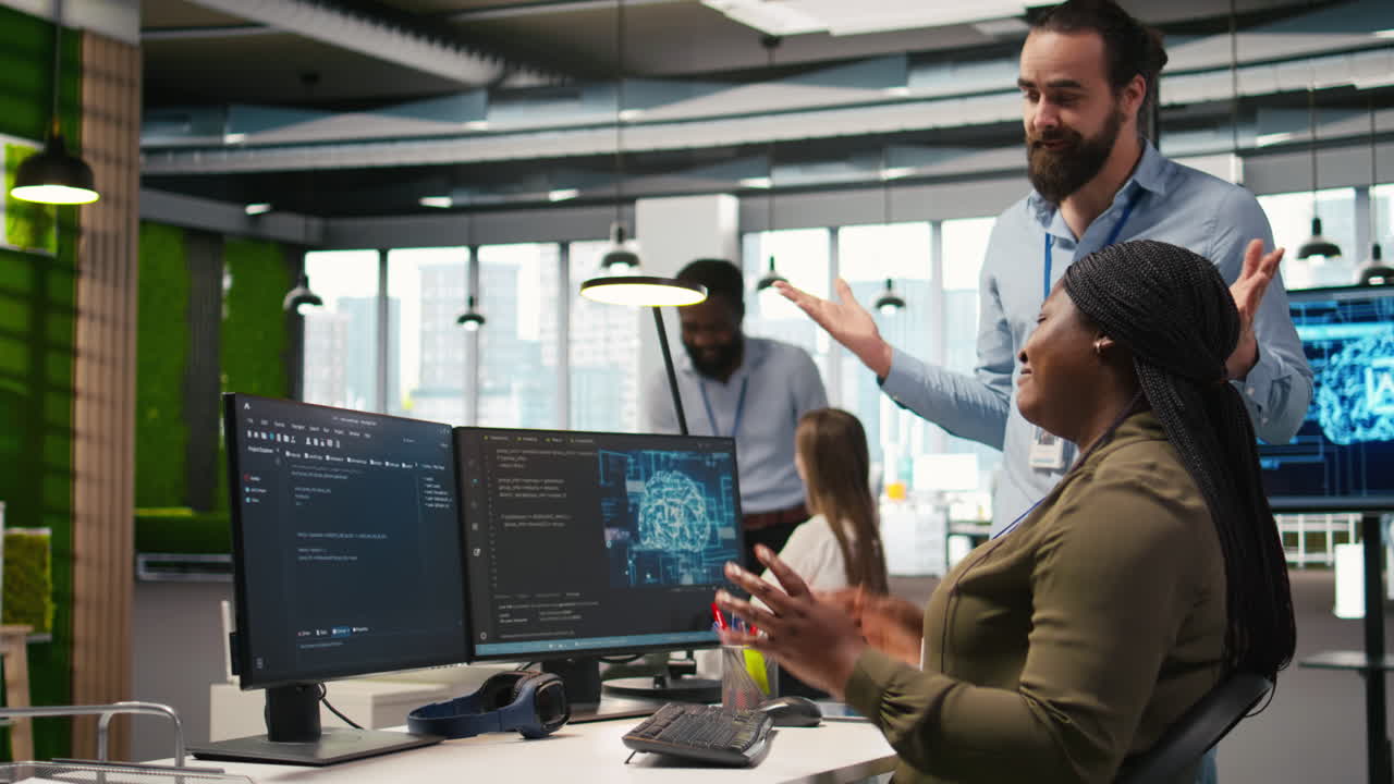 Pleased Startup Office Manager Applauding Female Programmer For Optimizing Code
