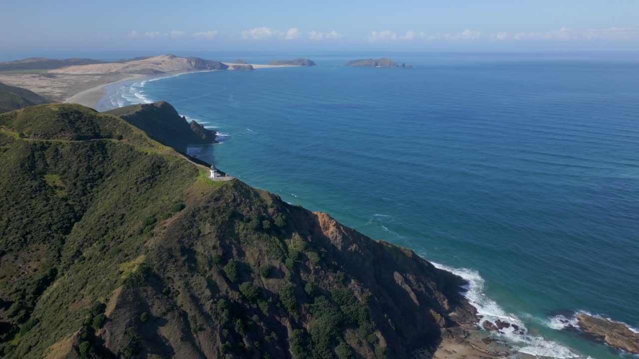 케이프 레인가 (cape reinga) 의 등대 에서 내륙 을 돌아보는 촬영