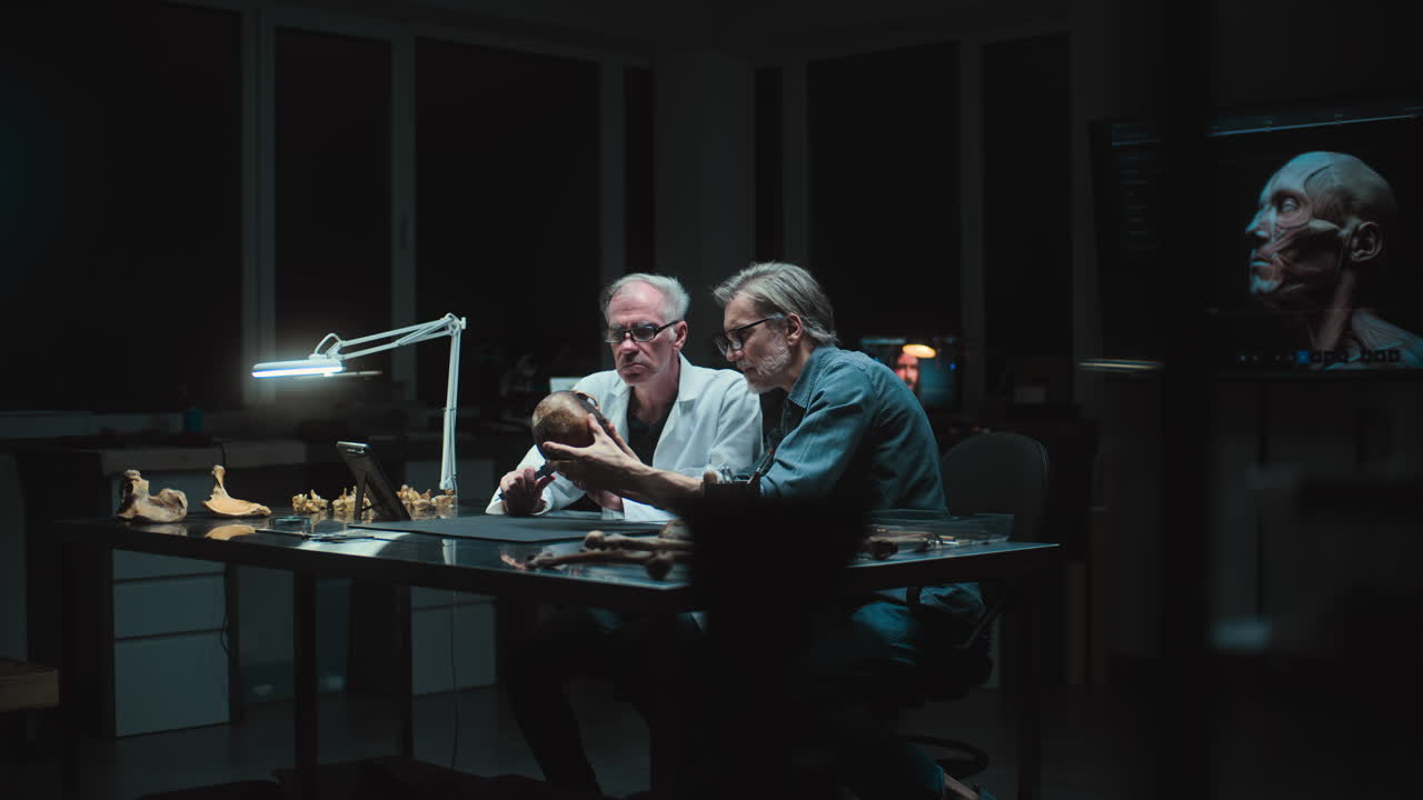 científicos examinando un cráneo en un laboratorio