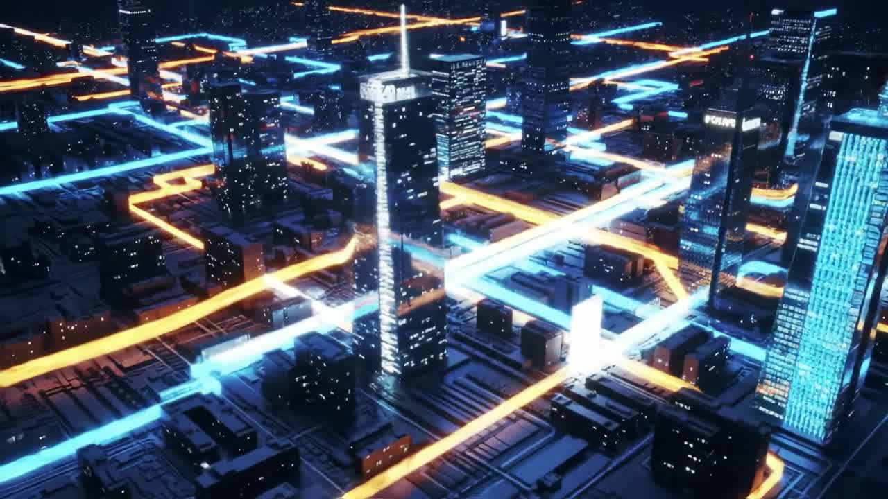Illuminated Cityscape: A Dynamic View of a Futuristic Urban Landscape Filled with Vibrant Neon Light Trails and Skyscrapers Interconnected by Digital Pathways