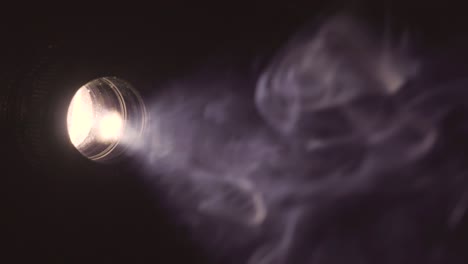 cine camera projector light beam with smoke fog in dark room.  motion pan around light, copy space.