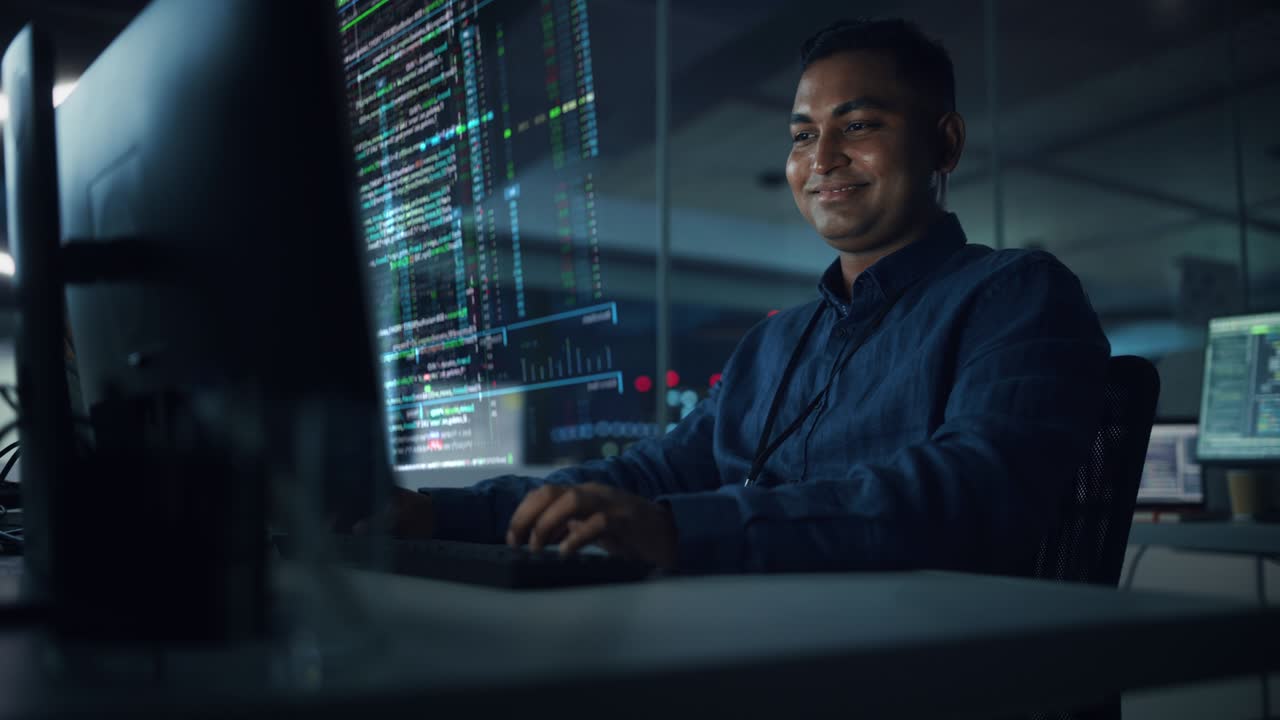Futuristic Office with Hologram Screens: Professional Indian IT Programmer Working on Computer with Holographic Projection Showing Big Data, Charts. Asian Specialist Creating Innovative Software