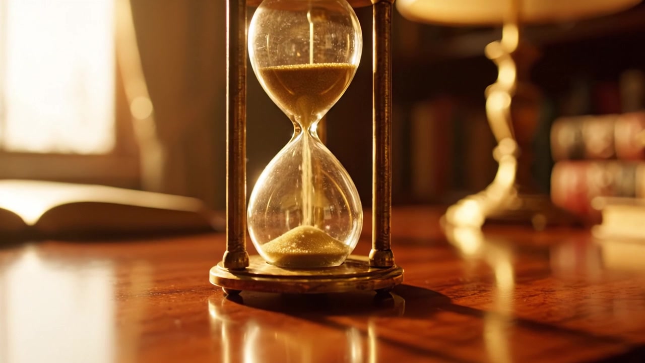 A beautifully captured hourglass displaying the passage of time, with warm sunlight reflecting on its glass and wooden surface, creating an ambiance of reflection and nostalgia.