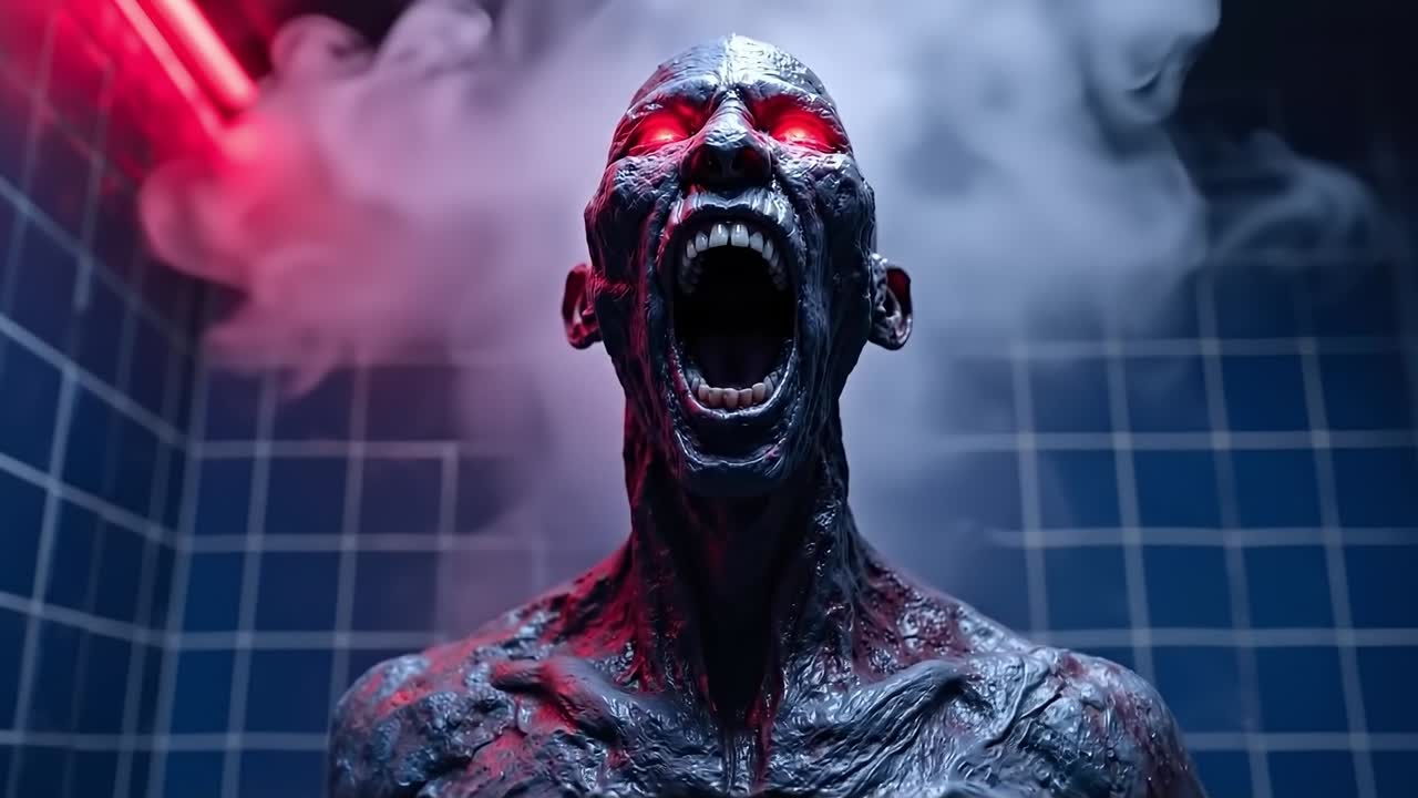 A man with his mouth open in a bathroom with smoke coming out of his mouth