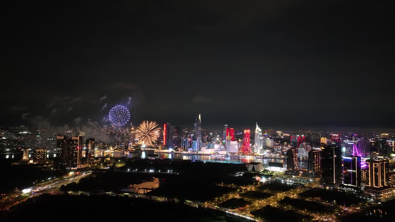 Fireworks in Ho Chi Minh City - Celebrating The 50th Anniversary Of Reunification Day In Vietnam. - aerial shot