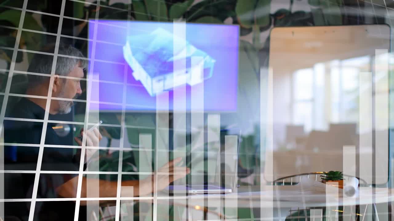 창고에 있는 백인 남성 노동자에 대한 데이터 처리 애니메이션