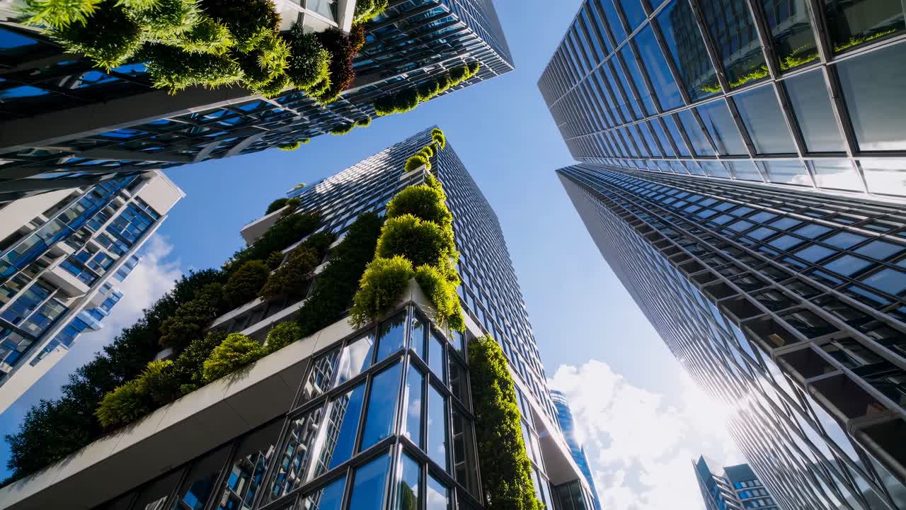 Foto dinâmica em ângulo baixo de arranha-céus modernos com vegetação exuberante, capturando a sustentabilidade urbana